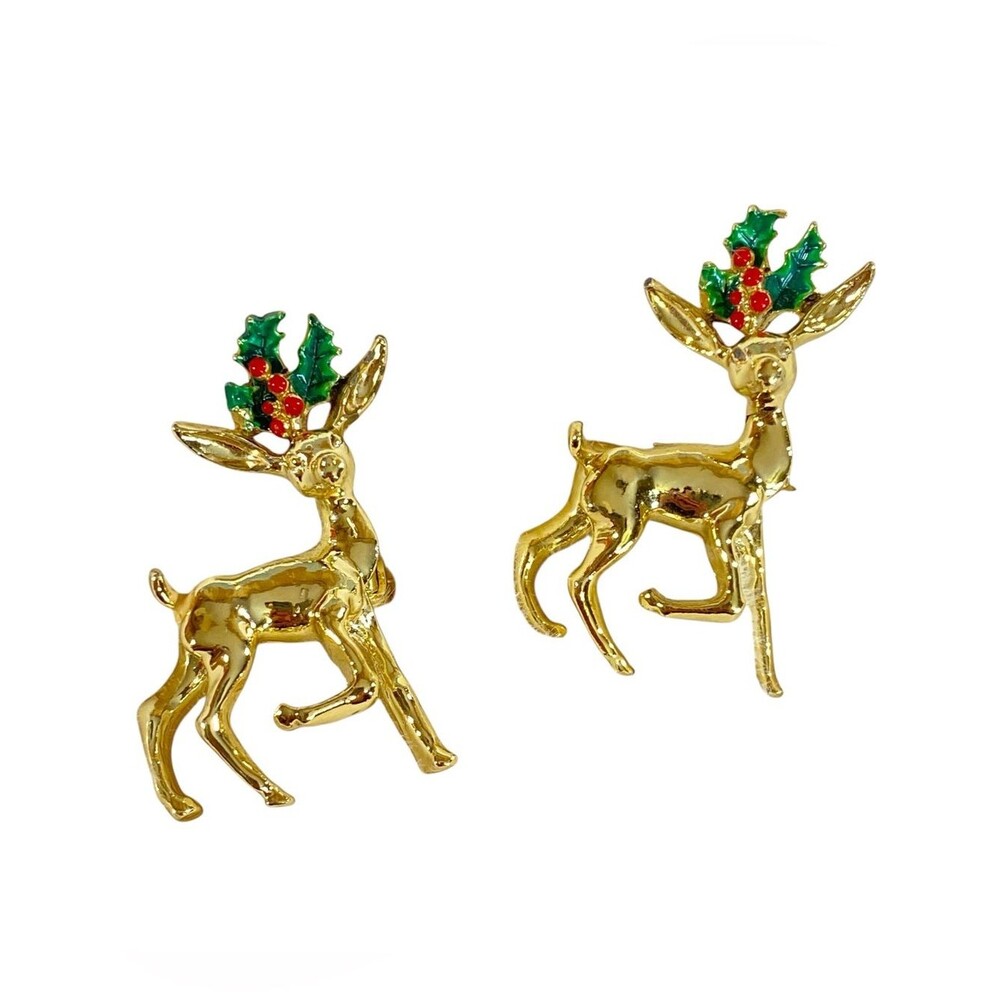 Gerrys Vintage Reindeer 2 pc Christmas Brooch Pin Gold-Tone Christmas Jewelry